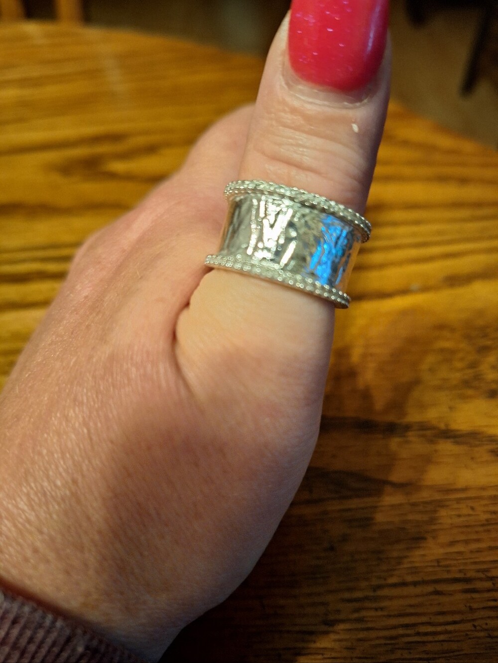 Sterling Silver Wide Band Ring with Rope Dimond Edge - Silver